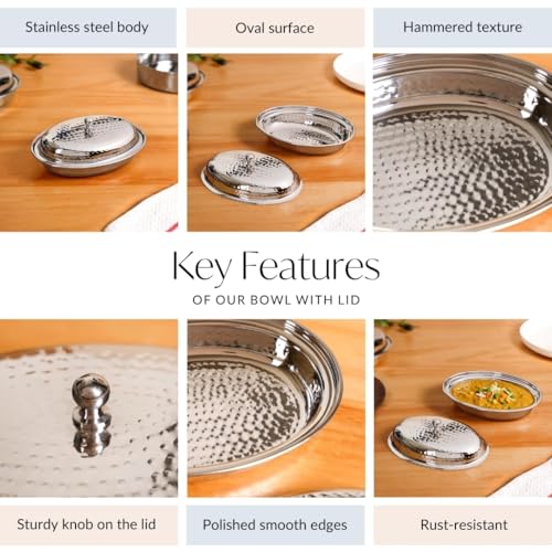 Image of Nestasia Stainless Steel Serving Bowl with Lid (350ml) - Hammered Oval Steel Curry Dish with Glossy Finish | Rust, Stain & Scratch Resistant Entree Dish for Serving Dal, Curry, Sabji, Gravy