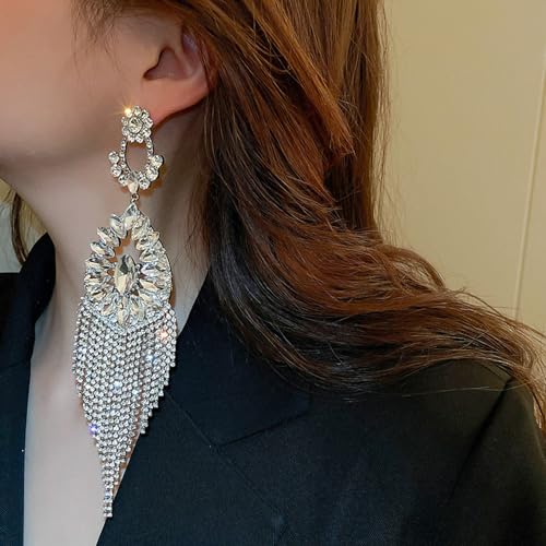 Octwine Vintage Teardrop Rhinestone Earrings for Women - Dangling Stud Chandelier Statement Tassel Silver Sparkly Drop Crystal Long Dangle Costume Jewelry2