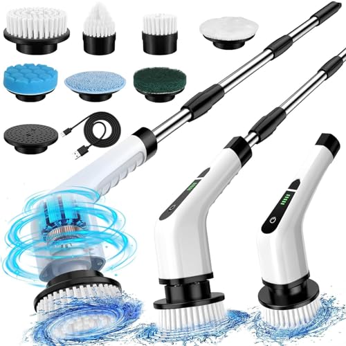 Cepillo de Limpieza Eléctrico, Cepillo Eléctrico Limpieza Hogar con 7 Cabezales de Repuesto,Cepillo Inalámbrico, Mango Ajustable de 20-137 CM, 2 Velocidades, para Baño, Coche, Cocina, Suelo, Blanco
