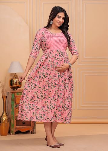 Image of JAIPURFAME Stylish Women's Pure Cotton All Over Printed Kurti Gown, Maternity Dress, and Feeding Dress - Comfortable and Elegant Maternity Wear for Women