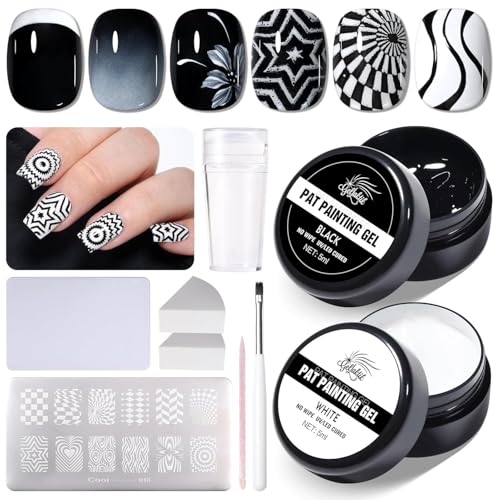 GELLAKTIK 2Pcs Nail Art Stamping Polish Gel Set - Black & White Ombre Gel Polish for Gradient Nails- Professional French Manicure Kit with Nail Stamper Scraper and Stamp Plate - UV/LED Curing Required
