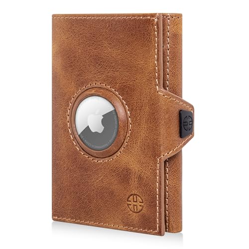 TRUSADOR Unisex Toscana AirTag Holder Leather Wallets (AirTag & Coin Holder, Cognac)