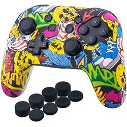 Bujes Ventilador YoRHa Tachonado Impresión de Transferencia Silicona Piel Fundas Cubierta Caso Solo para Oficial de Switch Pro Mando x 1 (Calavera Comica) con Thumb Grip x 8