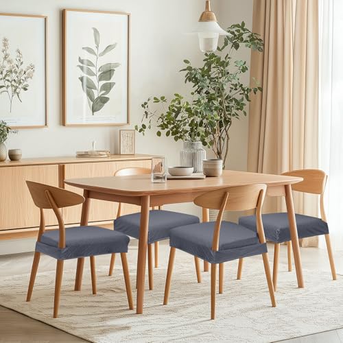 Image of SearchI Stretch Dining Chair Seat Covers Set of 4, Soft Removable Washable Seat Covers for Dining Chairs, Dining Room Seat Cover Protector (Rear-Covered, Check Jacquard Grey)