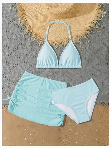 Image of RoseSeek Girl's 3 Piece Cute Bowknot Bathing Suit Halter Triangle High Waisted Swimsuit with Beach Cover Up Skirt