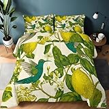 Bettdecke Natürliche Elemente Vogelzitrone 220 x 240 cm 4 Jahreszeiten Coverless Decke, Wende Steppdecke Weiche Schlafdecke Waschbar Duvet mit 2 Kissenbezug 80x80cm, Creme