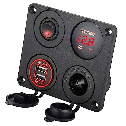 Panel de enchufes 4 en 1, Incluye 2x cargador USB + Toma de Corriente cigarrillos 12V + Voltímetro de LED + Interruptor ON/OFF, Panel multifuncional vehículos, Panel control 4 en 1, rojo