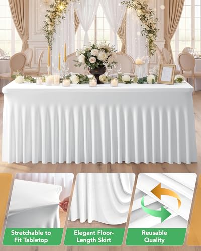image for KeyWave 4 Pack Spandex Table Cover Skirts for 6ft Rectangle Tables, Wh