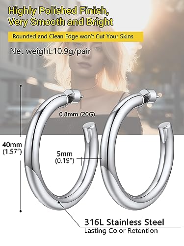 Image of Stainless Steel Chunky Hoop Earrings For Women, Minimalist and Chic, Black /Gold Plated, Round Hoops Earrings Hypoallergenic, Size: 30mm /40mm /60mm /80mm, Come with Box