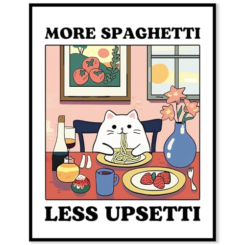 French Cat Poster, French Cat Dinning Pasta Print, Italian Kitchen Wall Art, More Spaghetti Less Upsetti White Cat Poster, Funny Kitchen Decor, Kitchen Prints (8x10 inch Print Unframed)