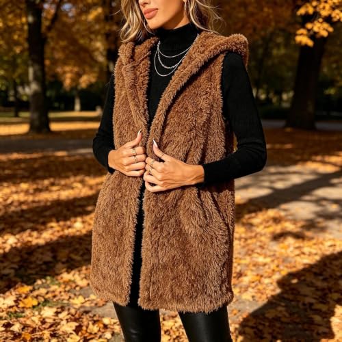 Womens Hooded Plush Fleece Vest Sleeveless Fuzzy Jacket Casual Outerwear - image 5