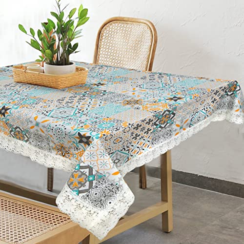 Image of OrientalWeavers Melody PVC Dining Table Cover, 6 Seater Rectangle Shape Table Cover with White Side Trim Lace (137 cm X 198 cm), 54 inch X 78 inch