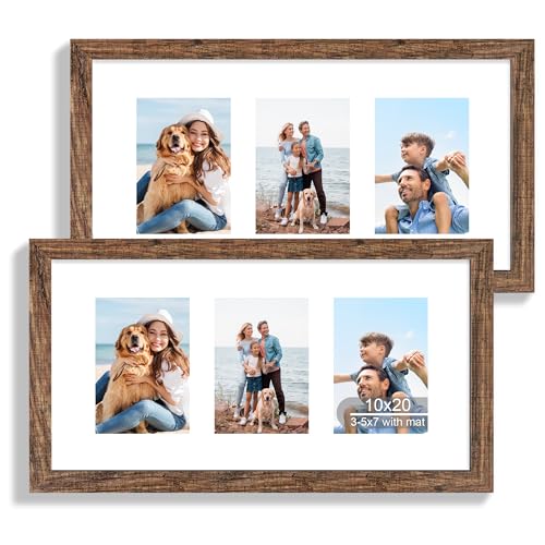 Image of Hongkee 10x20 Picture Frame Set of 2, Rustic Brown Wood Frame with Real Glass Collage Frame, Display Pictures Three 5x7 With Mat or 10 x 20 Without Mat - Horizontal or Vertical Wall Mounting