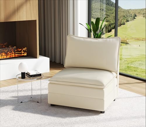 Image of Vesgantti 40 inch Single Seat Sofa, Comfy Cloud Couch Deep Seat Upholstered Couch Chenille Modern Sofa, Extra Seats for Modular Couches, Beige (Without Armrest)