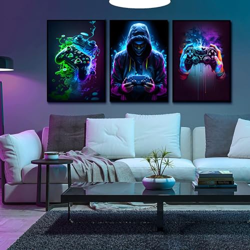 Wstukvv 3Pcs Cool Gaming Wall Art Retro Video Game Watercolor Posters Pictures Colorful Neon Gamepad Canvas Painting Prints For Boys Room Kids Game Room Accessories Bedroom Home Decoration Unframed thumb #4