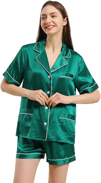 DAISYSILK Womens Silk Pajama Set,100% 19 Momme Mulberry Silk with Piping Details
