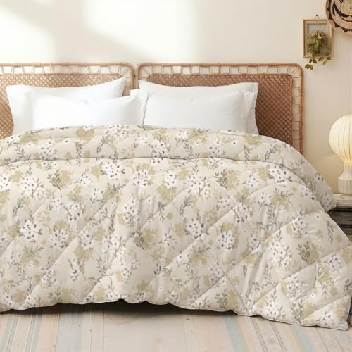 Image of AYKA Reversible AC Comforter 150 GSM Microfiber Summer Blanket Single Bed (60x90 Inches) | Floral Design Cooling Quilt for AC Room | Soft Breathable Duvet Cream & Beige