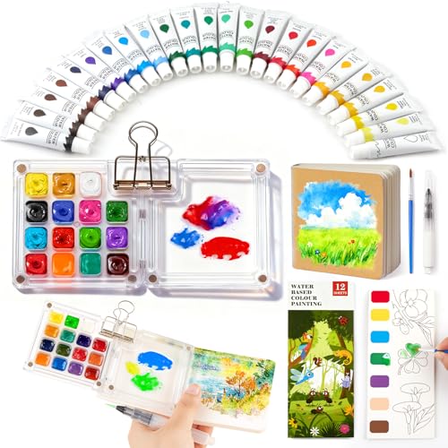 Mexlyca Mini Aquarell Set, Pocket Aquarell Set, 15 Grids Tragbare Skizzenbuch-Palette, Aquarellfarben Farbkasten 24 Farbe & 1 Skizzenbuch & 2 Stück Wasserpinsel Stifte & 1 malbücher für erwachsene