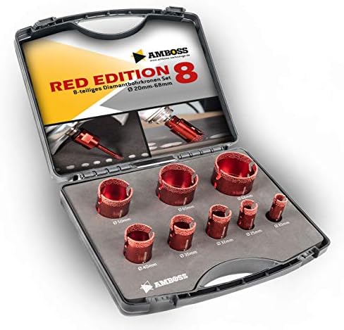 Amboss "Red Edition" Diamond Drill Bits Set M14 for Angle Grinder / Tiles / Dry Drilling /Granite / Stone Slabs / Stoneware / Ceramic – 8 Piece Set ø 20, 25, 32, 35, 40, 50, 60, 68 mm