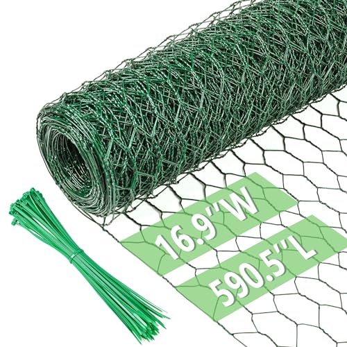 Image of Chicken Wire 16.9 in x 590.5 in Poultry Wire Netting Hexagonal Galvanized Mesh Garden Fence Barrier for Pet Rabbit Chicken Fencing with 100 Pcs Cable Zip Ties(PVC-Coated)