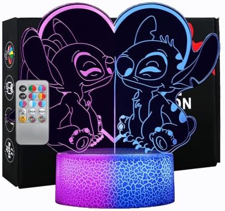 Stitch Nachtlicht Kinder: 32 Farben Zweifarben-Effekt 3D Illusion Lampe mit Fernbedienung & Touch, Lilo Stitch Geschenke für Mädchen Jungen, Deko Schlafzimmer Kinderzimmer Geburtst