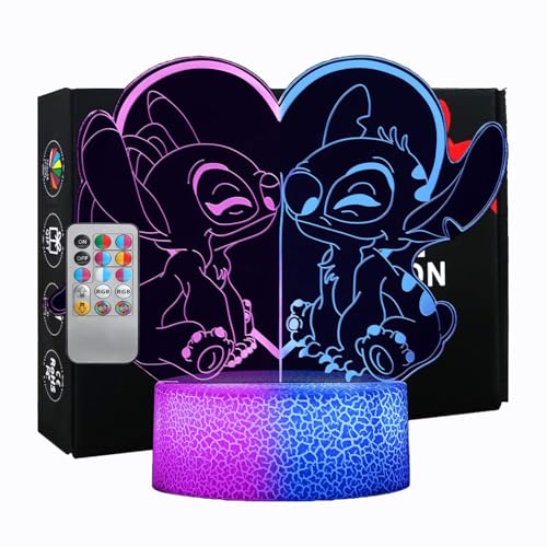 Hoofun Candeeiro Stitch, 16 Cores Luz Nocturna Stitch, Candeeiro Anime 3D LED Ilusão com Controle Remoto e Toque Inteligente, Ideia de Presente de Natal Decoração Stitch Para o Quarto das Crianças