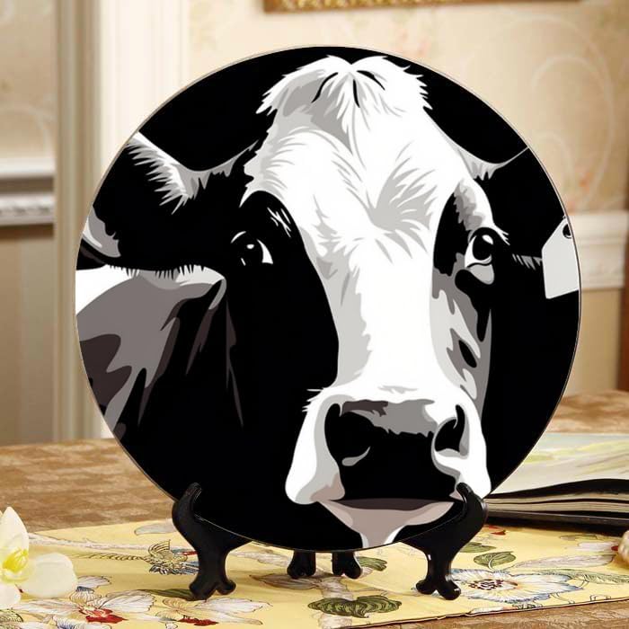 Cow Pattern 10-inch Ceramic Plate for Wall Display or Tabletop, with Stand & Hook DP-779163395