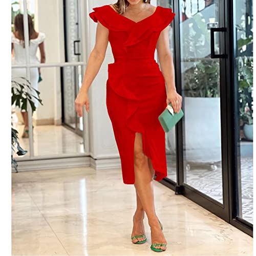 Comfy Elegant Womens Wear To Work Casual Ruffle Sleeve V Neck Flouncing Pencil Dress Red Xl #TOP1