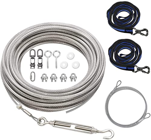 XiaZ 100ft Dog Trolley Runner Cable for 2 Dogs, Dog Tie Out Cable for Small, Medium, Large Dogs up to 200lbsï¼ŒDog Lead for Yard, Camping, Outdoor, with 8 Ft Nylon Bungee Runner