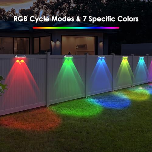 8 Pack Solar Fence Lights Outdoor - Warm White & RGB 6 Color, Dusk to Dawn Deck Light, Solar Powered Light Outdoor IP65 Waterproof, Solar Garden Lights for Outside/Backyard/Railing/Step/Patio/Wall