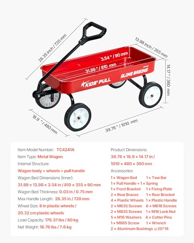 VEVOR 39 inch Pull Along Kids Wagon, Red Rolling Utility Cart Wagons for Kids, Cargo Wagon for Garden, Beach, Camping for Child Present - Thumbnail 7