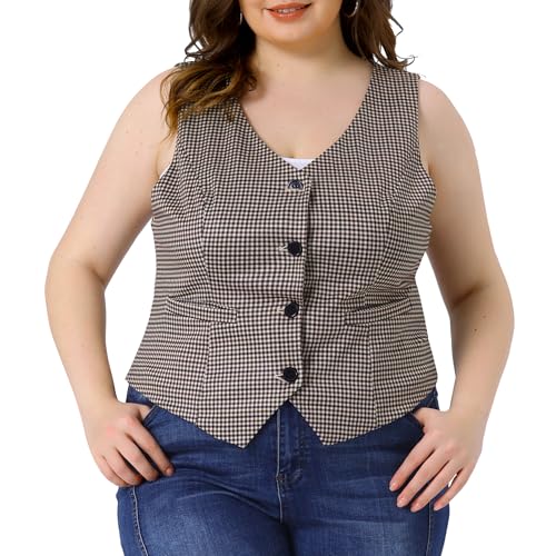 Agnes Orinda Plus Size Vest for Women Vintage Plaid Steampunk Sleeveless Button with Pockets Waistcoat Vests
