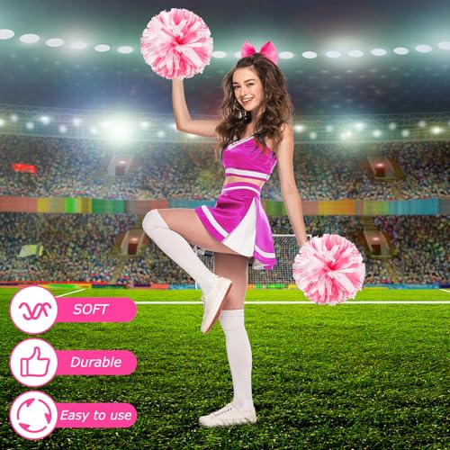 Hanaive Cheerleading Pom Poms and Large Cheerleader Hair Bow for Girl, 3 Count (12 Inch Large Metallic Pink and White Mixed, Matte) for Sports Team Spirit Cheering - Thumbnail 5