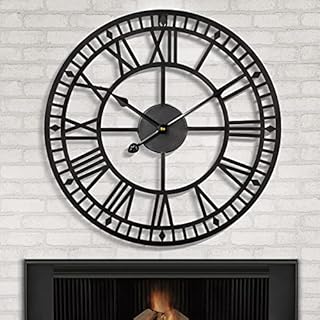 Large Metal Iron Retro Wall Clock Silent Non-Ticking Battery Operated Vintage Metal Roman Numerals Round Modern Clocks For Living Room Decor -Black 40cm