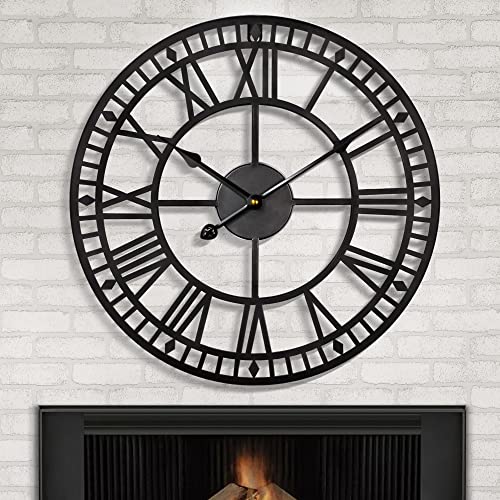 HAITANG Reloj de Pared Retro de Hierro de Metal Grande, silencioso, no Funciona con Pilas, con números Romanos de Metal, Redondos, Modernos, para decoración de Sala de Estar, Color Negro, 40 cm
