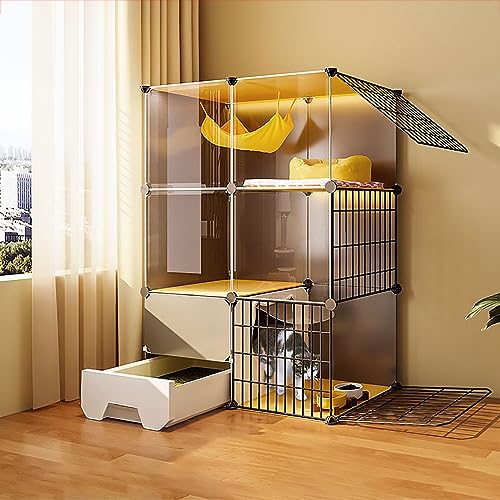 猫ケージ 屋内 猫囲い トイレ付き 子猫ケージ DIY ペット ベビーサークル 猫ハウス 取り外し可能 金属ワイヤー 犬小屋 クレート、1-3匹の猫に最適な大きな運動場所 (サイズ:75x39x107cm)