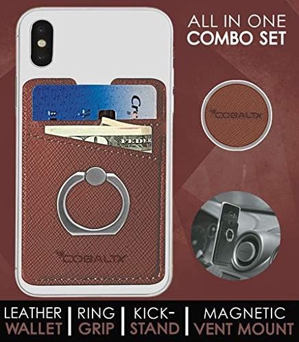 COBALTX Leather Cell Phone Ring Wallet Card Holder for Back of Phone Adhesive with Matching Magnetic CAR Vent Mount All in ONE Combo Wallet Ring Grip Kick Stand Phone Wallet Stick ON with Ring- Brown
