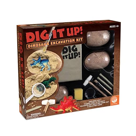 MindWare Dig It Up! Dinosaur Excavation Kit – Discovery Gift kit for Kids – Learn About Dinosaurs! – 3 Large Dino Digs with Explorer Vest, 5 Realistic Tools, Clean-up mat & Educational Fun-fact Cards