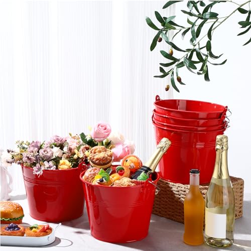 Zopeal 6 Pcs Large Metal Bucket Beer Bucket Galvanized Steel Pail with Handle for Gifts Basket Ice Candy Party(9 x 7 x 7 Inch,Red) by Zopeal - Image 4