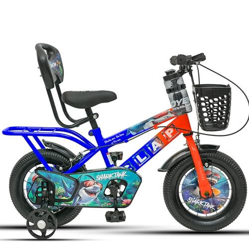 Image of Shark Tank 12T Kids Bicycle for Boys & Girls with Training Wheel, Front Basket, PU Soft Seat with Backrest, Full Chain Cover & Stylish Wheelcards (Orange /Blue, 12T)