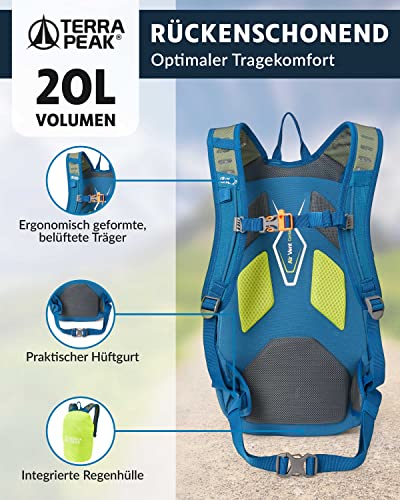 Foto von Terra Peak® Premium Wanderrucksack 20L ACTIVE 20 Damen Herren & Erwachsene klein blau - Trekking-Rucksack ergonomisch - Daypack Rucksack & Tagesrucksack wasserdicht mit Regenschutz, Rückenbelüftung
