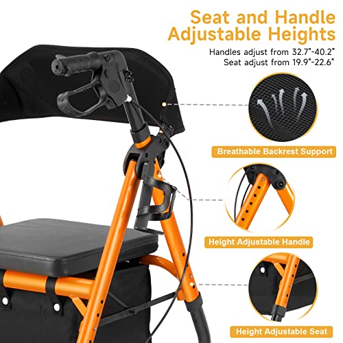 Flyingjoy Rollator Walker Orange 8" Large 4 Wheels Rollator Walkers For Seniors With Seat Locking Brakes Adjustable Seat And Arms Aluminum Medical Walker Foldable Removable Back Support 300 Lbs #TOP1