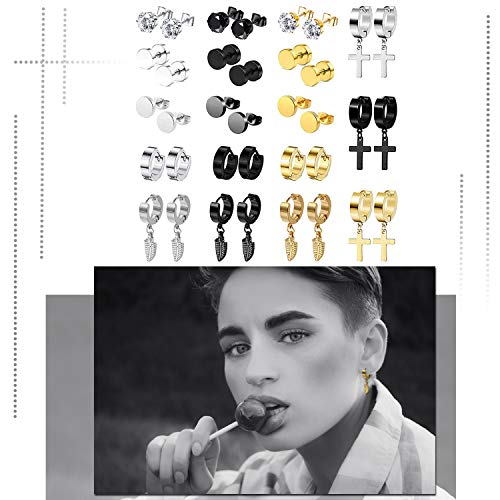 Aroncent 18 Pairs Stud Earrings Cross Dangle Earrings Fake Gauges Earrings Feather Huggie Hoop Earrings For Men Women Stainless Steel Earring Set #TOP4
