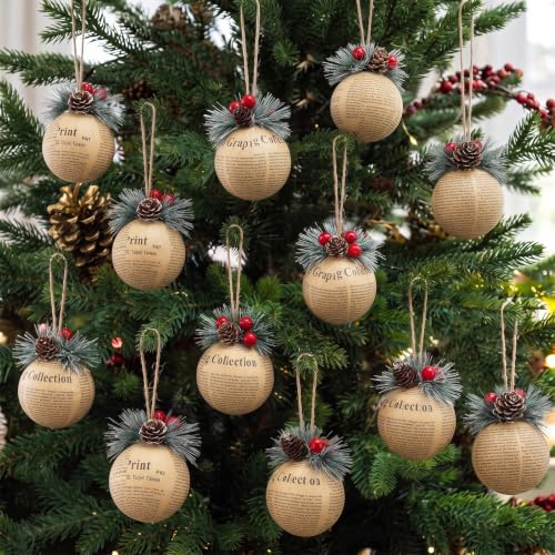 12 Pcs Christmas Tree Ball Ornaments Gifts with Pine Cone Bow 3" Xmas Decor