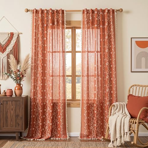 Image of MYSKY HOME Boho Floral Linen Curtains 90 Inch Length for Bedroom 2 Panels