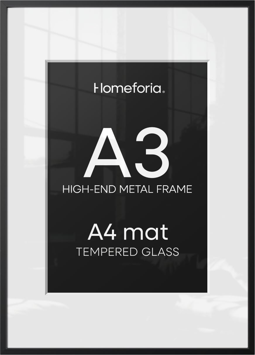 Homeforia A3 Black Picture Frame, High-End Metal, A4 Mat, Glass | High End Aluminum, Tempered Glass, Acid-Free A4 Removable Mat, A3 Edge-to-Edge Display, Wall Kit, Set Of 1