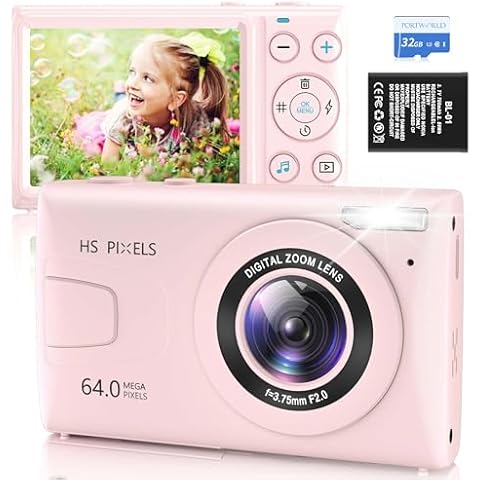 Kids Small Compact Digital Camera: 64MP 4K Video Camera with 32GB MicroSD Card 18X Digital Zoom, Auto-Focus Point and Shoot Camera for Girls Boys Christmas Birthday Gift-Pink Cover