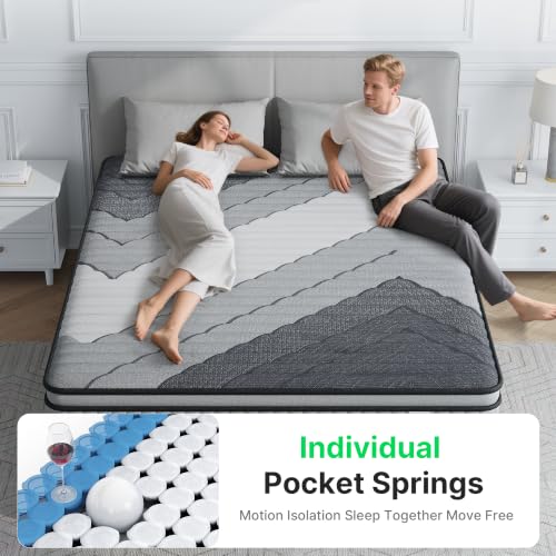 Image of 10 Inch Queen Hybrid Mattress with Gel Memory Foam & Pocket Springs | Mattress in a Box for Pressure Relief & Cool Sleep, Edge Support & Motion Isolation, CertiPUR-US Certified, Gray-White Stripe