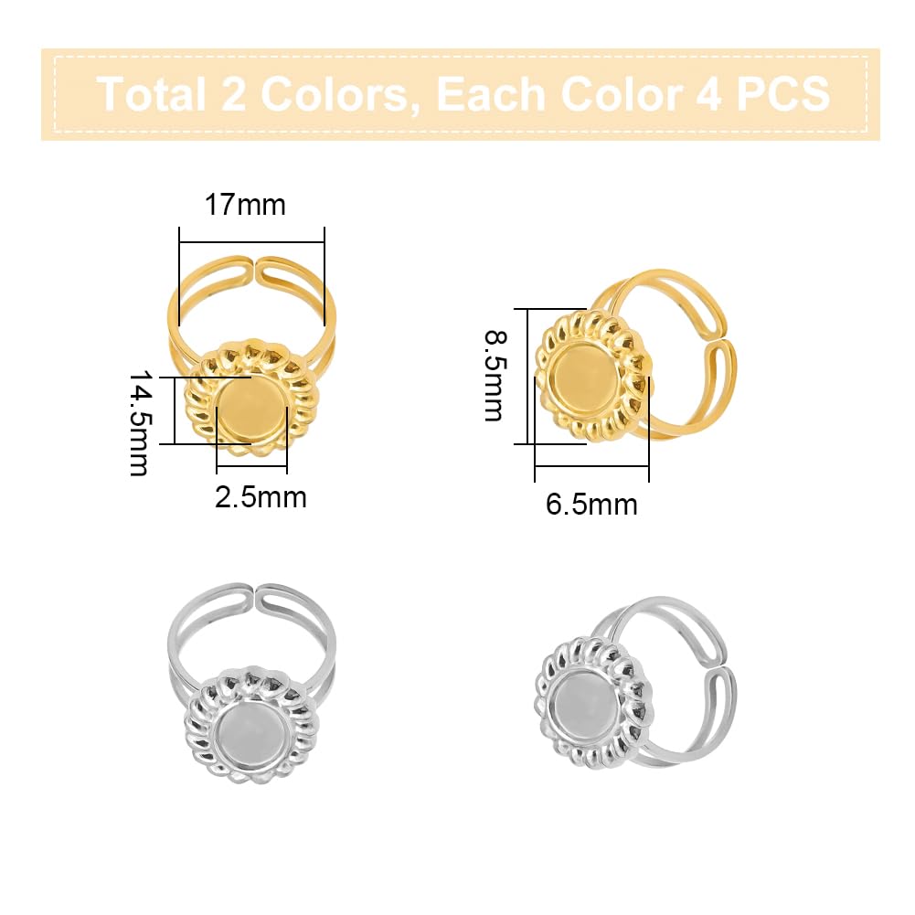 UNICRAFTALE 8Pcs 2 Color 304 Stainless Steel Sun Open Cuff Ring Settings with Oval Tray Metal Ring Blanks Cabochon Ring Base Settings Blanks DIY Bezels for Ring Jewelry Making