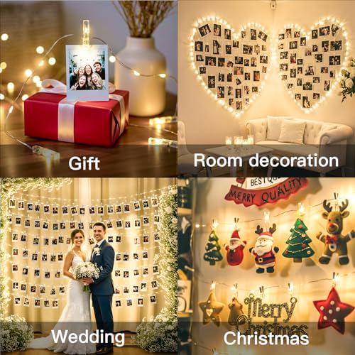 Image of suddus 16ft 50 LED Fairy Lights with Clips for Pictures, Photo Lights with Remote USB Powered & Battery Operated with 22 Clear Clips, String Lights for Party, Bedroom, Decoration, Warm White